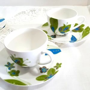 Pair Teacup Saucer Retired Stokes Floral AQUA GARDEN, Green & White, Set of 2